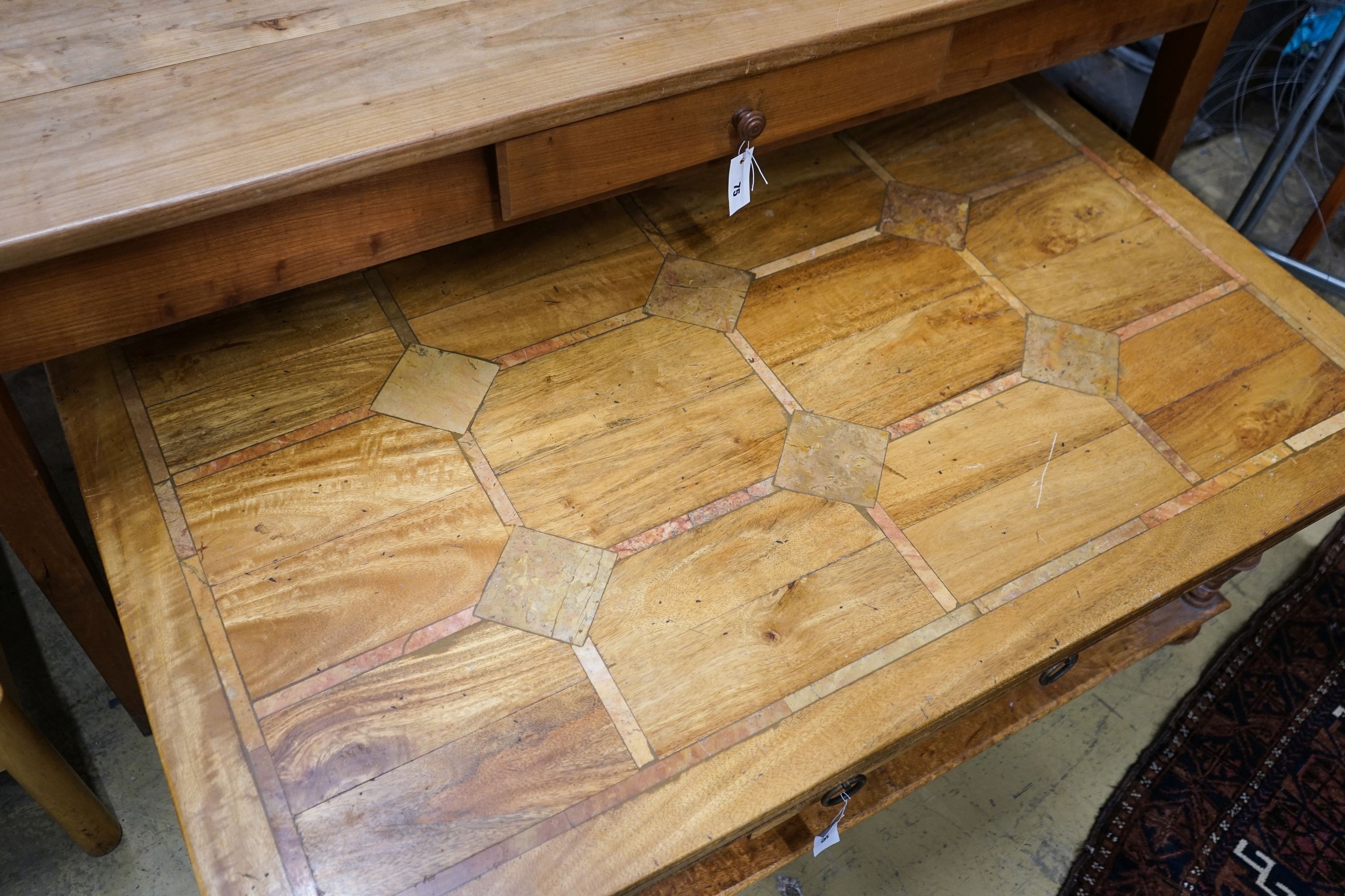 A rectangular parquetry inlaid walnut two tier coffee table, length 130cm, depth 80cm, height 45cm